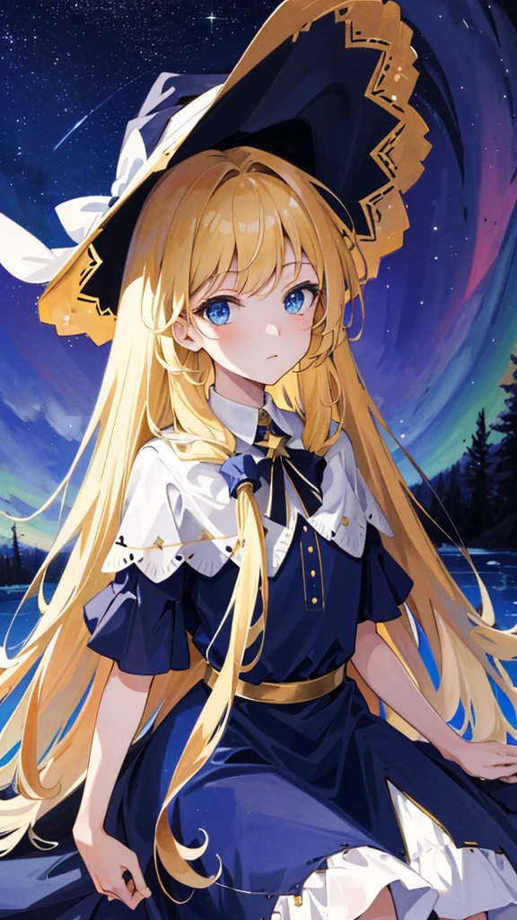 ((masterpiece:1.2, Highest quality)), One girl, alone, (Witch Hat), Blonde, Long Hair, dress, Aurora, night, star (null), Mitt, null, White dress, night days
