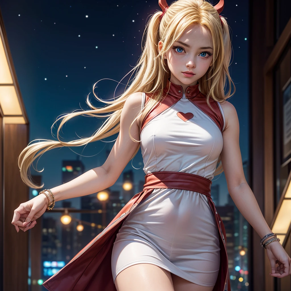 ((masterpiece)), (best quality), (detailed), (1girl), (supernatural heavenly dame) glowing blonde gradient hair, HARLEY Quinn, deep blue glowing eyes, straight hair, wearing a modern white shirt and red dress, covered by stars, decorated with jewelery