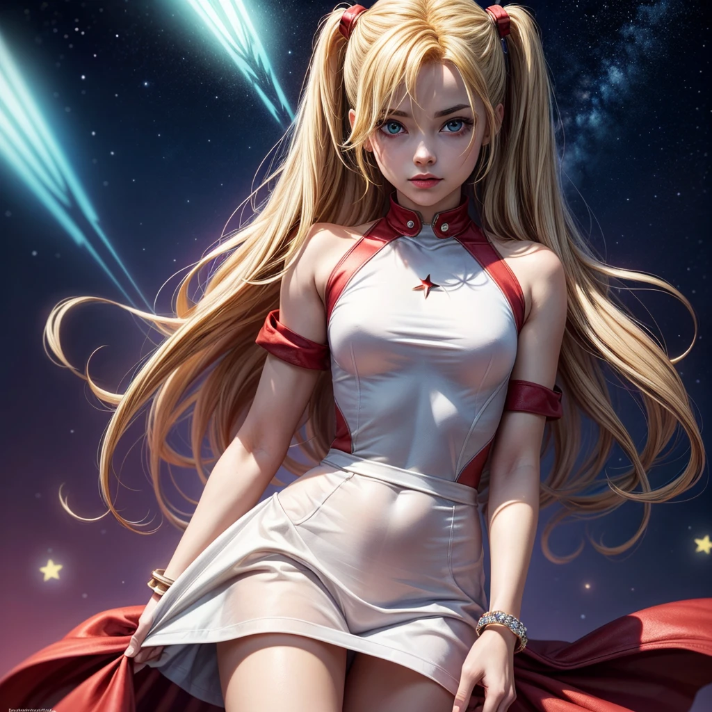 ((masterpiece)), (best quality), (detailed), (1girl), (supernatural heavenly dame) glowing blonde gradient hair, HARLEY Quinn, deep blue glowing eyes, straight hair, wearing a modern white shirt and red dress, covered by stars, decorated with jewelery