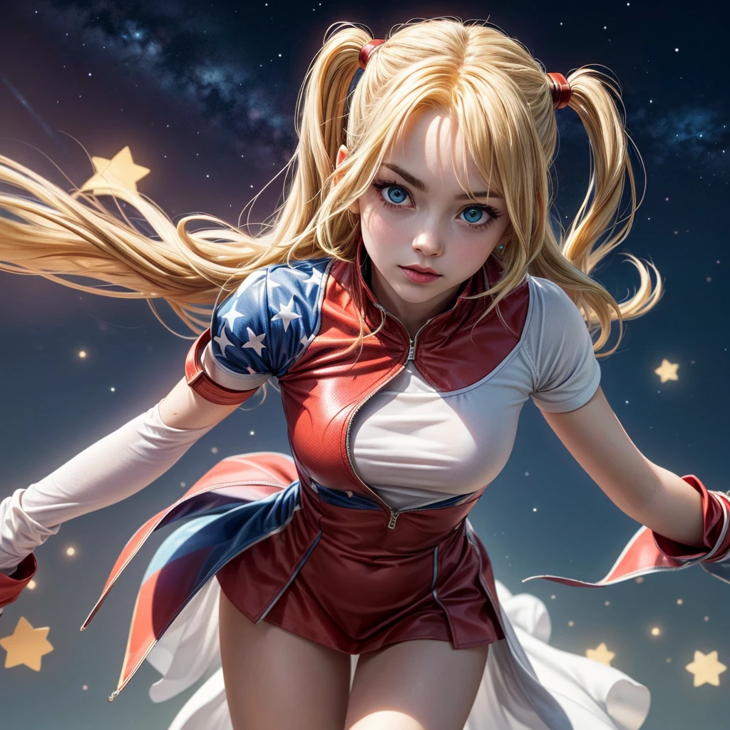 ((masterpiece)), (best quality), (detailed), (1girl), (supernatural heavenly dame) glowing blonde gradient hair, HARLEY Quinn, deep blue glowing eyes, straight hair, wearing a modern white shirt and red dress, covered by stars, decorated with jewelery