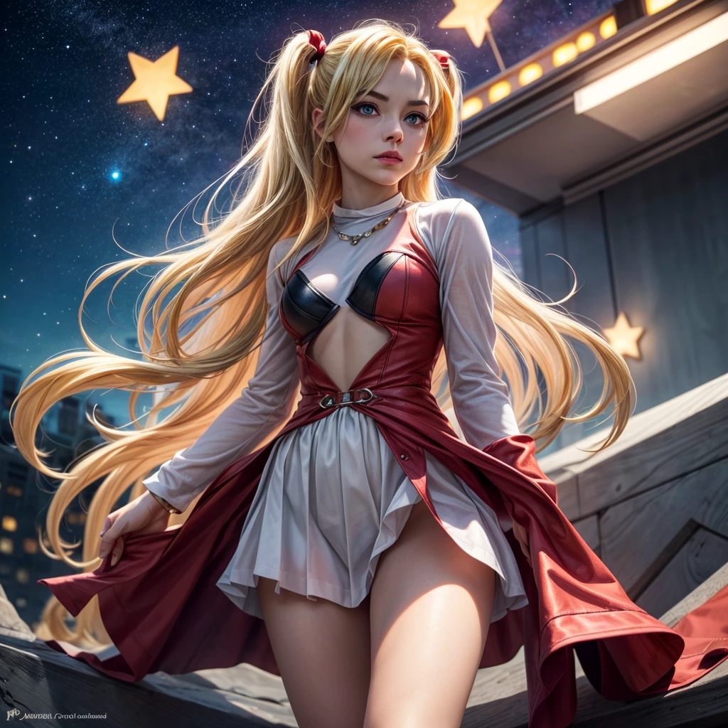 ((masterpiece)), (best quality), (detailed), (1girl), (supernatural heavenly dame) glowing blonde gradient hair, HARLEY Quinn, deep blue glowing eyes, straight hair, wearing a modern white shirt and red dress, covered by stars, decorated with jewelery