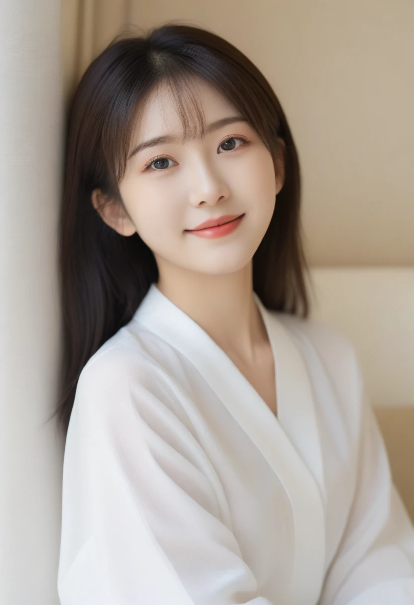 8K, Ultra-high resolution, Highest quality, masterpiece, 三分割法によるphotograph,Surreal, photograph, 1 girl, (:1.3), pretty girl, Cute face, Beautiful eyes in every detail, 細かくdetailedに,masterpiece,, One Girl:1.2, Japan Female Announcer,whole body,Low - Angle,Young Wife,A woman sitting on a sofa,White blouse with collar,Black Pencil Skirt,Black Stockings,Black high heels、Full of cleanliness,A carefree smile,Healing the heart,Semi-long layered hair,Looking at the audience、beauty,Long neck、Laugh a little、Please close your mouth and laugh、(((Ideal body type))),A-cup small breasts :2,、Portraiture:2、Perfect Anatomy、鮮明なdetailed、detailed、Surreal、Light and shadow,Strong light