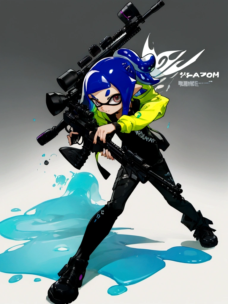 Splatoon Inkling posing with weapon、Cool and stylish artwork、Cool colors、With effects、Waiting and aiming with a sniper rifle