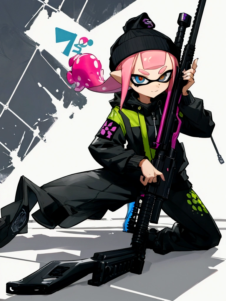 Splatoon Inkling posing with weapon、Cool and stylish artwork、Cool colors、With effects、Waiting and aiming with a sniper rifle