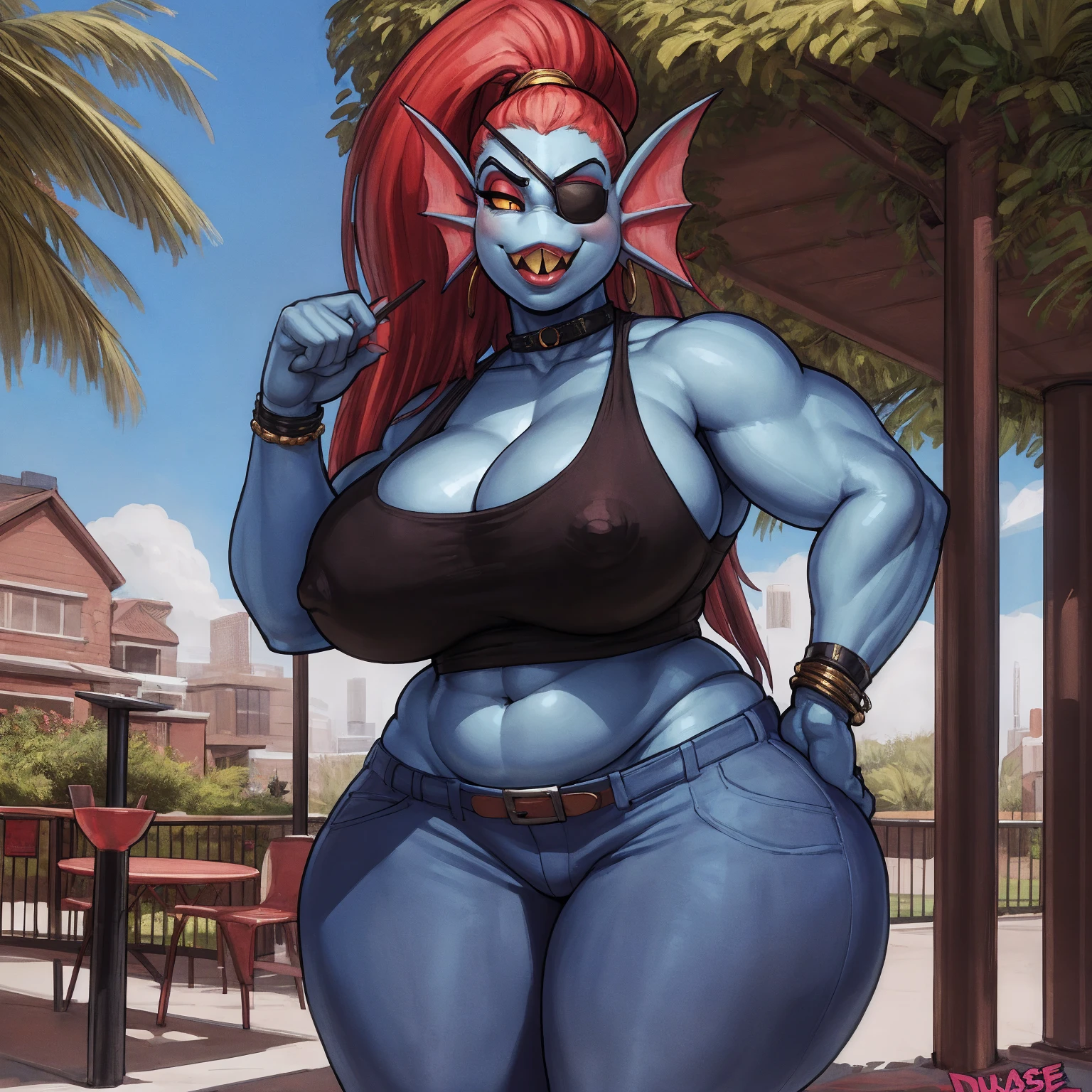by darkgem, by duase, by kevinsano, by sligarthetiger, solo, 1girl, undyne, blue skin, black eye patch, female, older woman, smooth body, chubby, wide body, wide hips, thick thighs, big arms, (huge breasts:1.1), heavy breasts, nipple outline, highly detailed eye, slit pupil, black pupil, milf, tank top, bare midriff, cleavage, large areolae, mom jeans, lowrise jeans, bare midriff, visible thong straps, Masterpiece, best quality, absurd res, highly detailed, cleanly drawn eyes, park environment, cute smile, standing upright, casual posture,