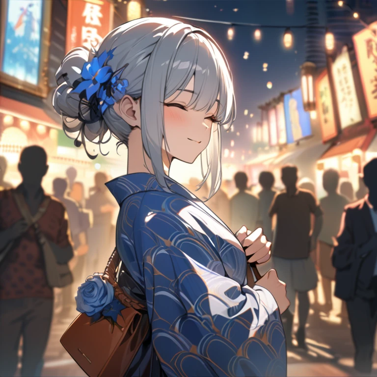 (best quality,8k,highres, masterpiece:1.2), (anime style),ultra-detailed, HDR, UHD, studio lighting, ultra-fine painting, sharp focus, physically-based rendering, extreme detail description, professional, vivid colors, bokeh, portraits, concept artists, warm color palette, dramatic lighting,Summer festival night,1 beautiful woman,(blue flower pattern kimono),updo, big smile, closed eyes, (The cityscape lined with the fairs of summer festivals),(beautiful hair, glowing skin,),(Silhouette of a passing crowd),(fireworks in sky background),Holding a Hermès Kelly Bag