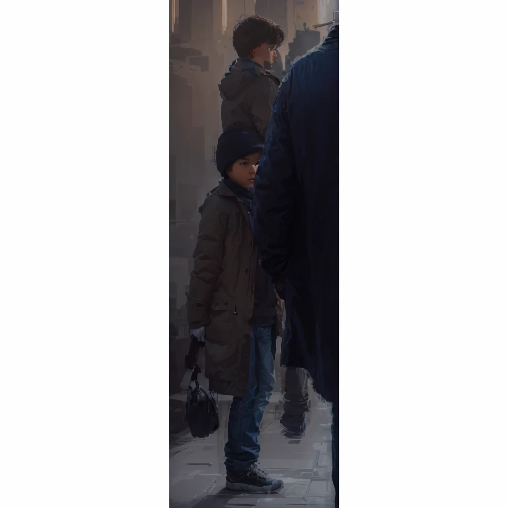 In a city in Europe, in profile, a man with his son is wearing a winter jacket, jeans and carrying a bag. Photorealism, full view, highly detailed image, very realistic, hyperrealism, Ultra HD, 8k, 5, sharp focus, intricate and mysterious masterpiece. (Long exposure photography Very detailed close-up portrait artistic illustration: final quality, medium shot, backlight, Rich and striking. Enigmatic and mysterious manipulations (composition of the rule of thirds), ((detailed environment with strong lines) Lo best quality, in camera, white light, warm and clean aesthetics, dazzling screen composed of millions of brilliant ultraviolet rays, HDR.