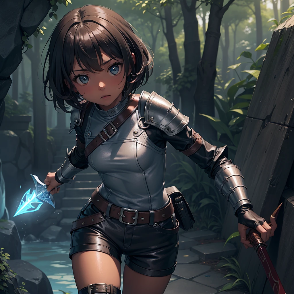 最high quality、high quality、Simple cloth and leather clothing、10Year-old girl adventurer、Descend the maze stairs、leather armor、Shorts、Equipped with a dagger and a shield、In a dark maze、The body is being swallowed by slime