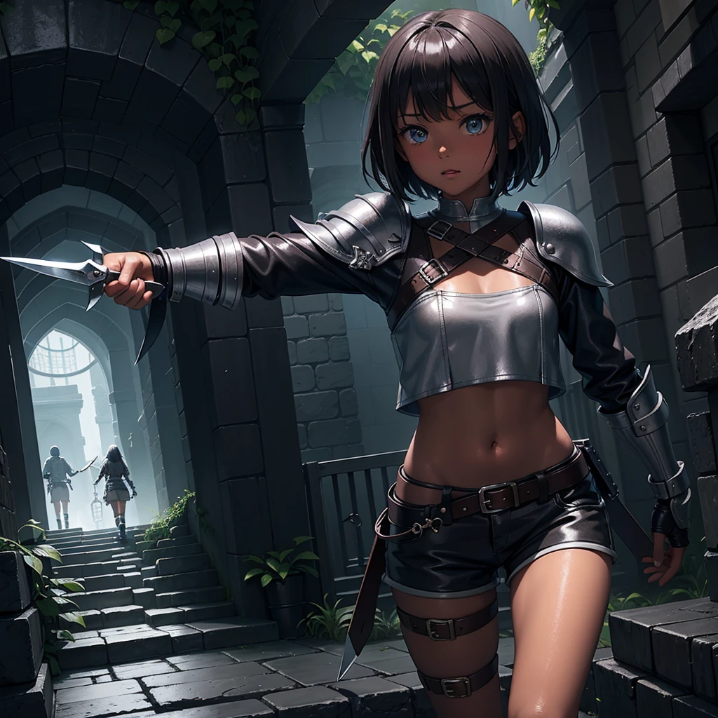 最high quality、high quality、Simple cloth and leather clothing、10Year-old girl adventurer、Descend the maze stairs、leather armor、Shorts、Equipped with a dagger and a shield、In a dark maze、The body is being swallowed by slime