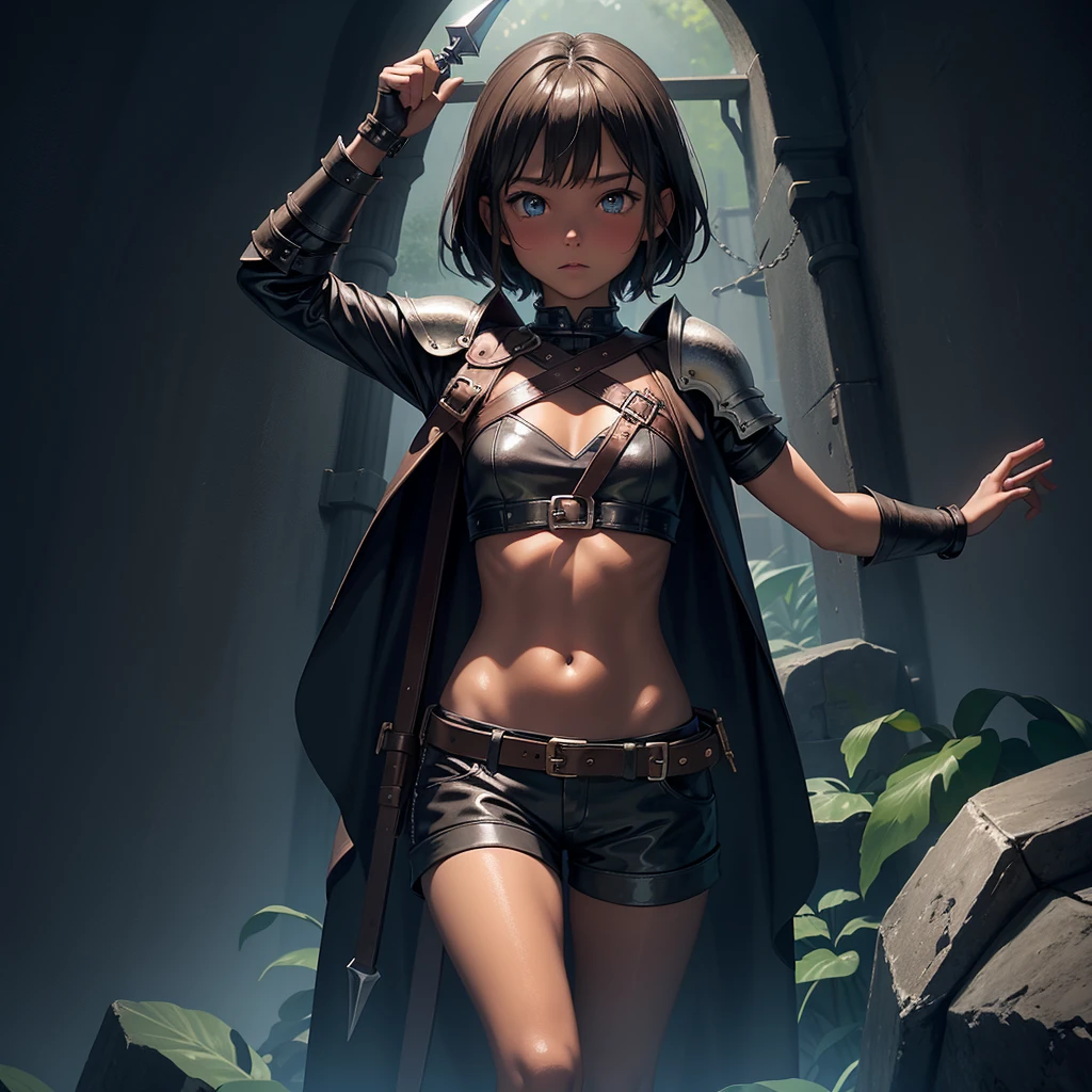 最high quality、high quality、Simple cloth and leather clothing、１０Year-old girl adventurer、Descend the maze stairs、leather armor、Shorts、Equipped with a dagger and a shield、In a dark maze、The body is being swallowed by slime