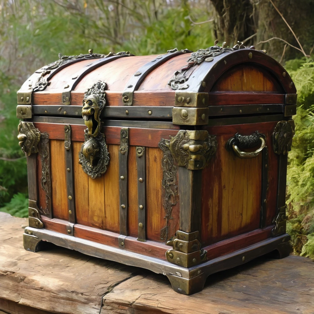 (masterpiece, best quality:1.2), A realistic, A wooden treasure chest that turned into a monster. The chest should be exquisitely designed, With the old, Weathered wood and rusted metal trim. Should be open, Reveals a big, Weird tongue and nasty teeth. 