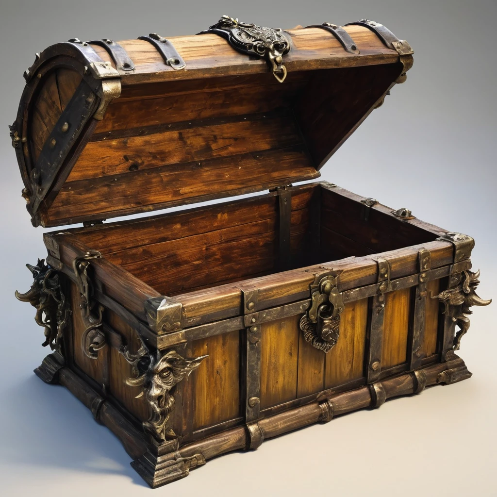 (masterpiece, best quality:1.2), A realistic, A wooden treasure chest that turned into a monster. The chest should be exquisitely designed, With the old, Weathered wood and rusted metal trim. Should be open, Reveals a big, Weird tongue and nasty teeth.