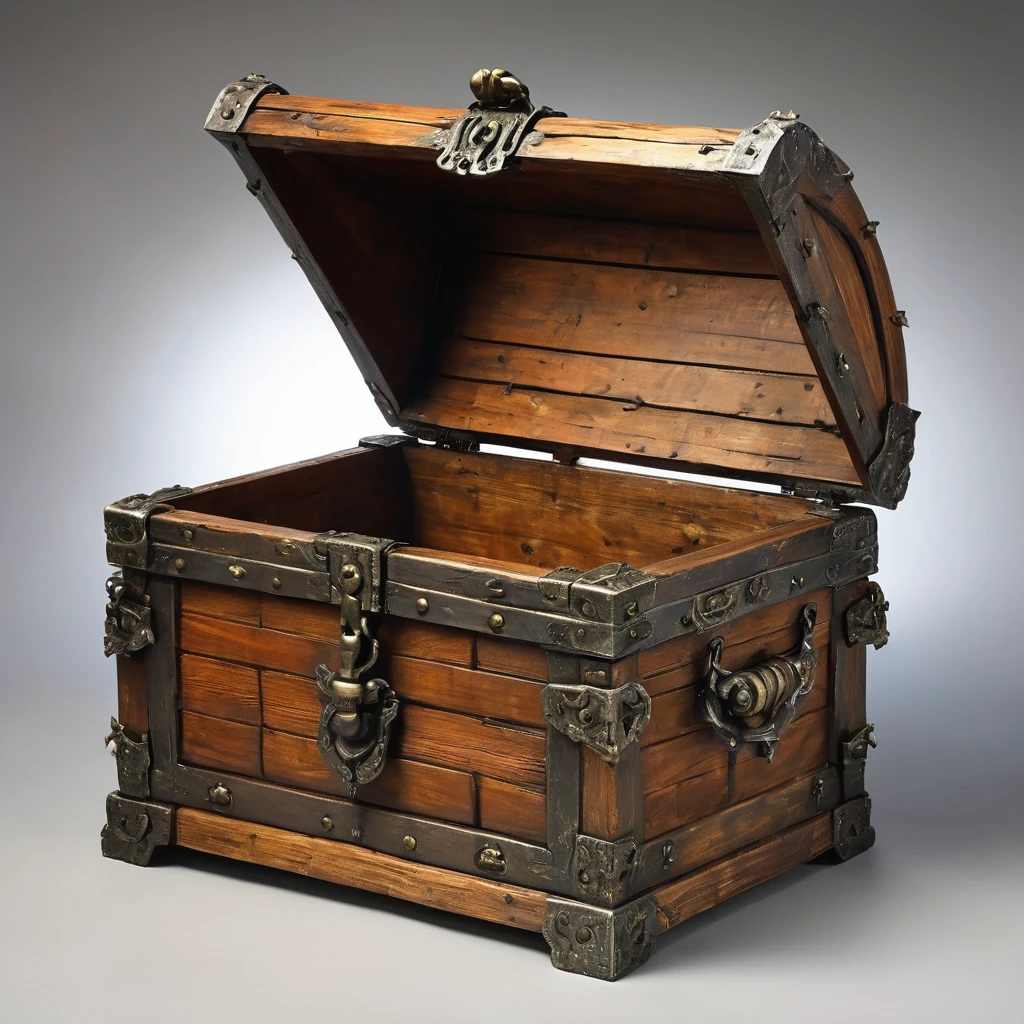 (masterpiece, best quality:1.2), A realistic, A wooden treasure chest that turned into a monster. The chest should be exquisitely designed, With the old, Weathered wood and rusted metal trim. Should be open, Reveals a big, Weird tongue and nasty teeth. 