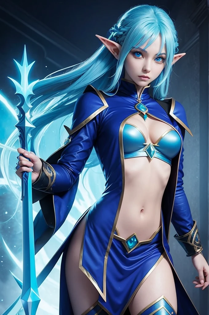 Female astral elf with blue hair and mage in rogue outfit (with anime image)