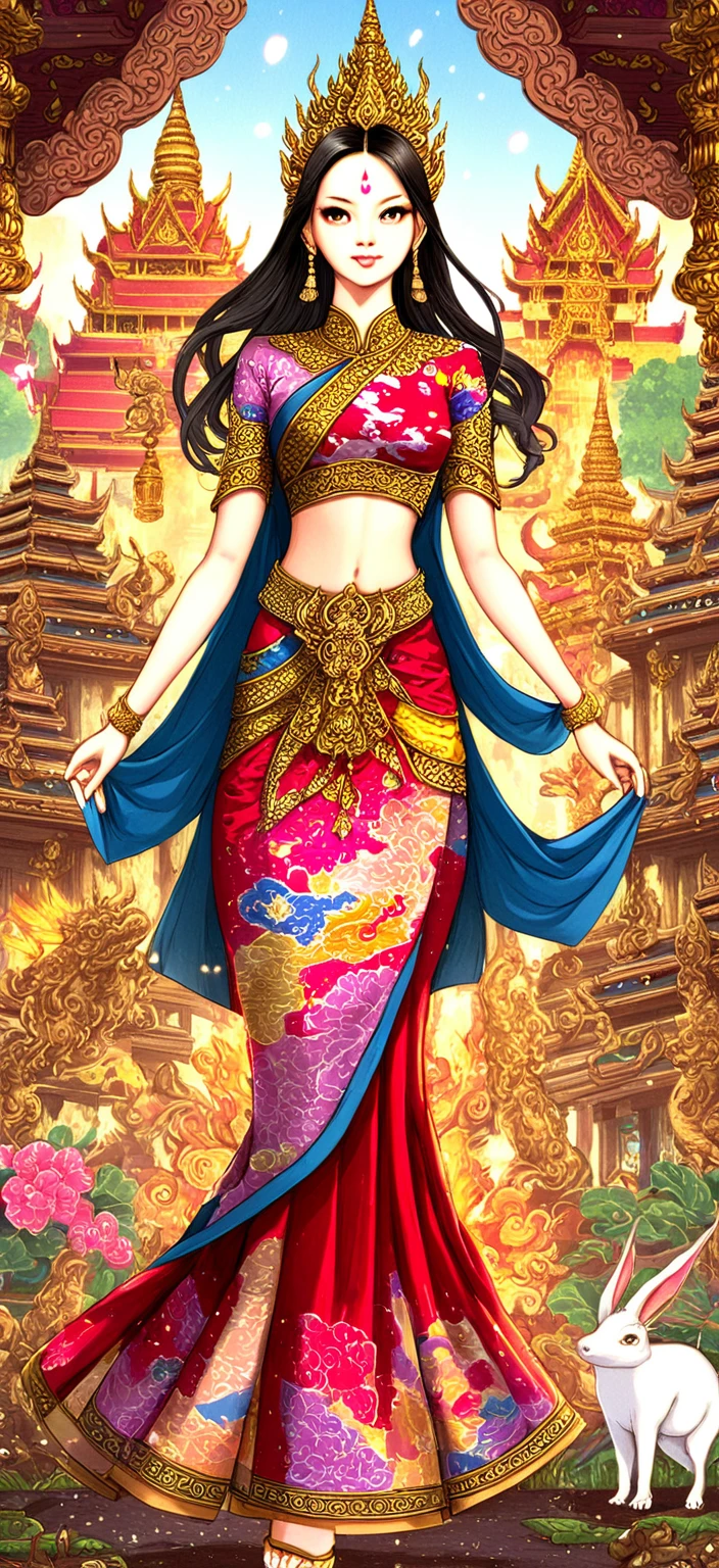 "A fantasy-themed illustration featuring a girl in a traditional Thai outfit, standing in a majestic pose. The outfit is richly detailed with intricate patterns and vibrant colors, incorporating gold elements. The background is an elegant, ornate Thai architectural setting, filled with traditional elements such as intricate floral designs, mythical creatures like the Kinaree, and elaborate, decorative motifs. The scene exudes grandeur and is filled with cultural and historical richness, capturing the essence of traditional Thai aesthetics. The lighting is warm and soft, highlighting the intricate details of the outfit and the surrounding architecture."