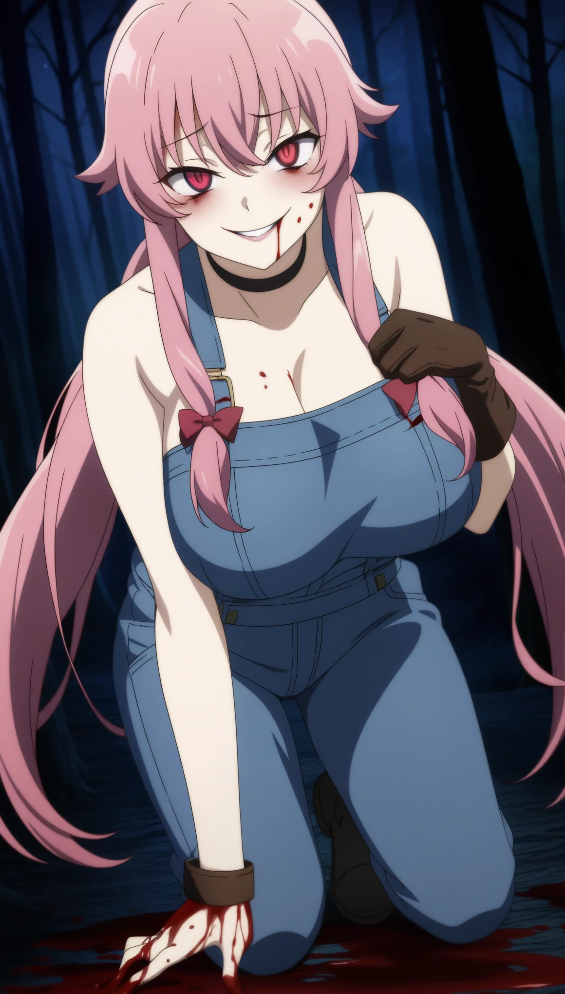 anime_still, masterpiece, best quality, 1girl, Gasai Yuno, long hair, pink hair, low twintails, smile, naked, red eyes, (large breasts:1.5),1girl, black choker, dark grey, (overalls:1.25), leather gloves, black boots, ((nigth:1.5)), (chasing you through the woods BY yuno gasai), moonlight, blood on floor, horror scane, (evil smile:1.4), (evil eyes:1.6), (horror_movies:1.5), (woods:1.6),(dark:1.7), (out_boors), blood on hands,blood stain