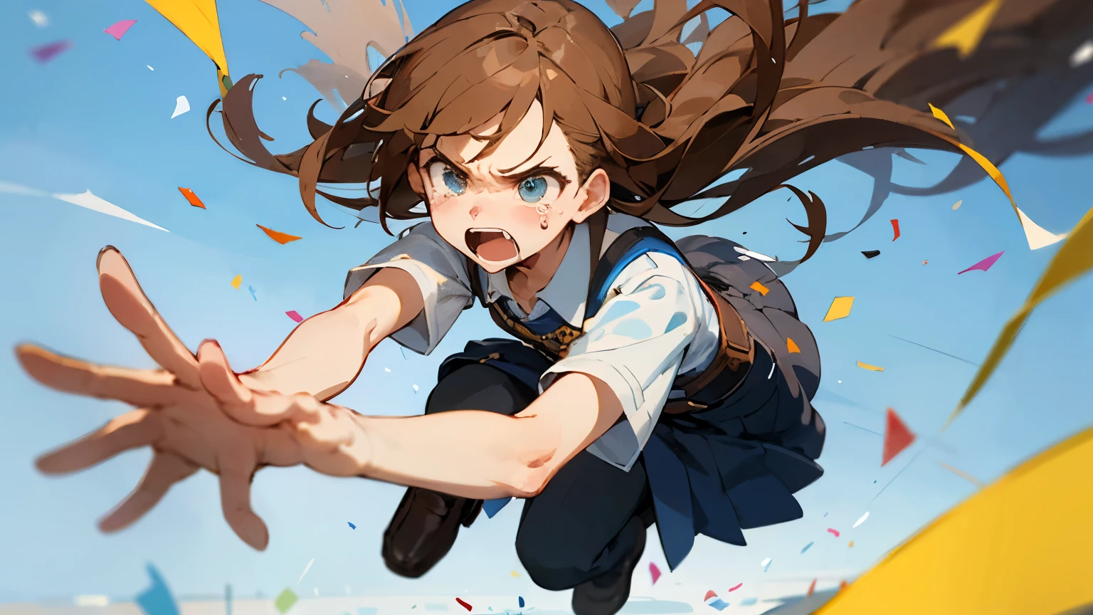 ((Highest quality)), ((masterpiece)), ((Very detailed)),Angry and floating girl,Angry expression，floating，Floating，Confetti，Brown Hair,tears,Levitating,Blue sky background,Feet in the air,tears,gravity,Swoop,loafers