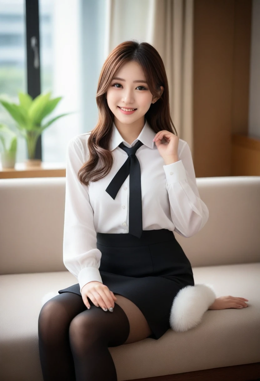 8K, Ultra-high resolution, Highest quality, masterpiece, 三分割法によるphotograph,Surreal, photograph, 1 girl, (16 years old:1.3), pretty girl, Cute face, Beautiful eyes in every detail, 細かくdetailedに,masterpiece,, One Girl:1.2, Japan Female Announcer,whole body,Low - Angle,Young Wife,A woman sitting on a sofa,White blouse with collar,Black Pencil Skirt,Black Stockings,Black high heels、Full of cleanliness,A carefree smile,Healing the heart,Semi-long layered hair,Looking at the audience、beauty,Long neck、Laugh a little、Please close your mouth and laugh、(((Ideal body type))),A-cup small breasts :2,、Portraiture:2、Perfect Anatomy、鮮明なdetailed、detailed、Surreal、Light and shadow,Strong light