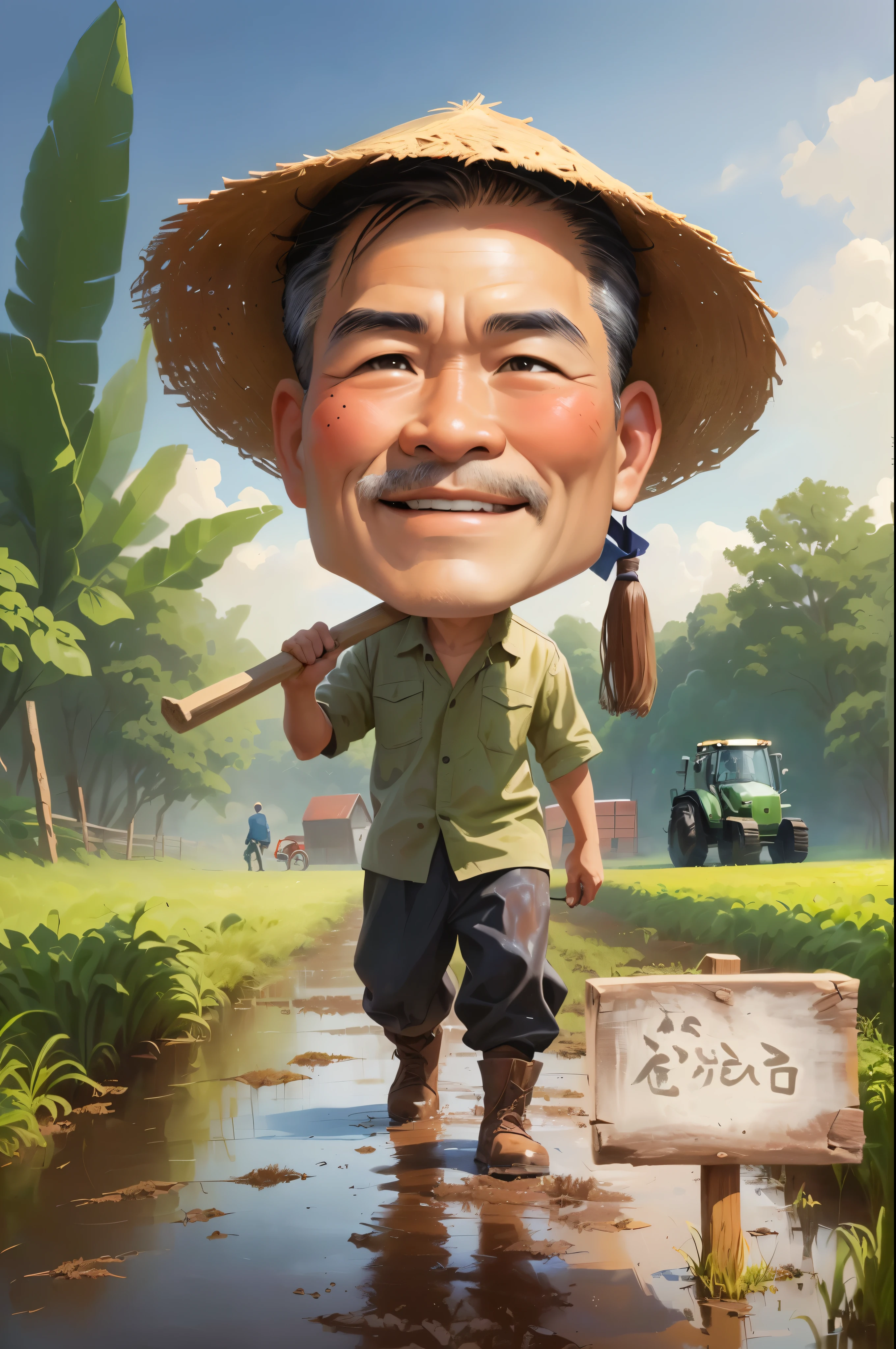 cartoon man walking in a muddy field with Bring a hoe, With a wooden plank stuck in front of him, caricature illustration, farmer, caricature style, japanesse farmer, cartoon portrait, caricature, cartoon digital painting, caricature!!!, south east asian with round face, cartoon artstyle, potrait, cartoon digital art, digital cartoon painting art, do hoang tuong artwork, big head