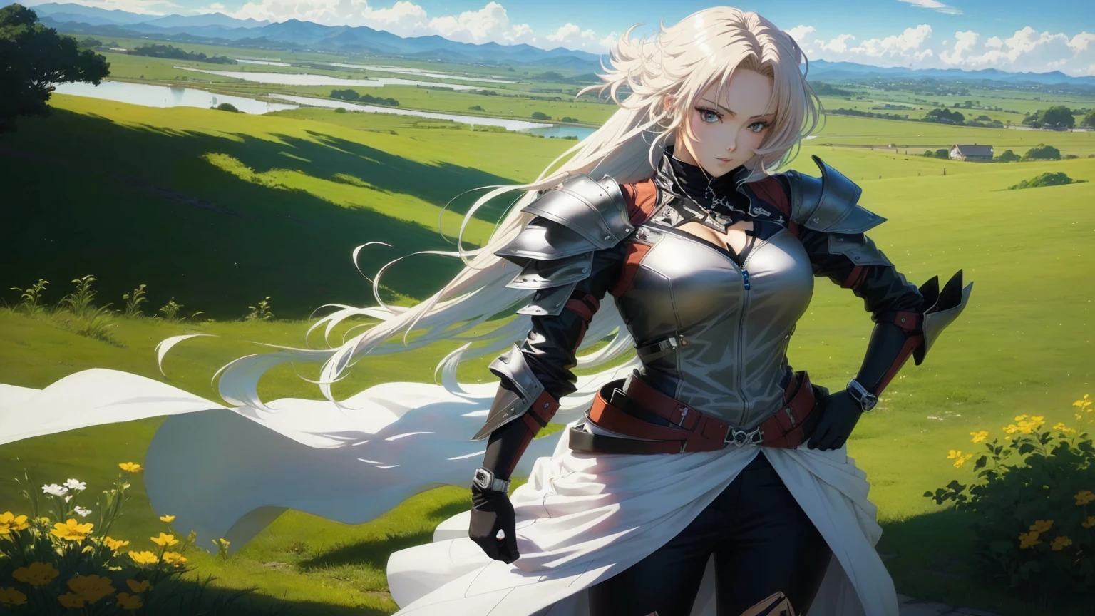 anime - image de style d&#39;une femme en armure debout dans un champ, cushart krenz art clé féminin, artgerm et atey ghailan, 2. oeuvre fantastique d&#39;anime cgi 5 d, Magnifique paladin femelle, par Krenz Cushart, d&#39;une belle femme chevalier, fille en armure, Krenz Cushart et Artgerm, art de personnage époustouflant