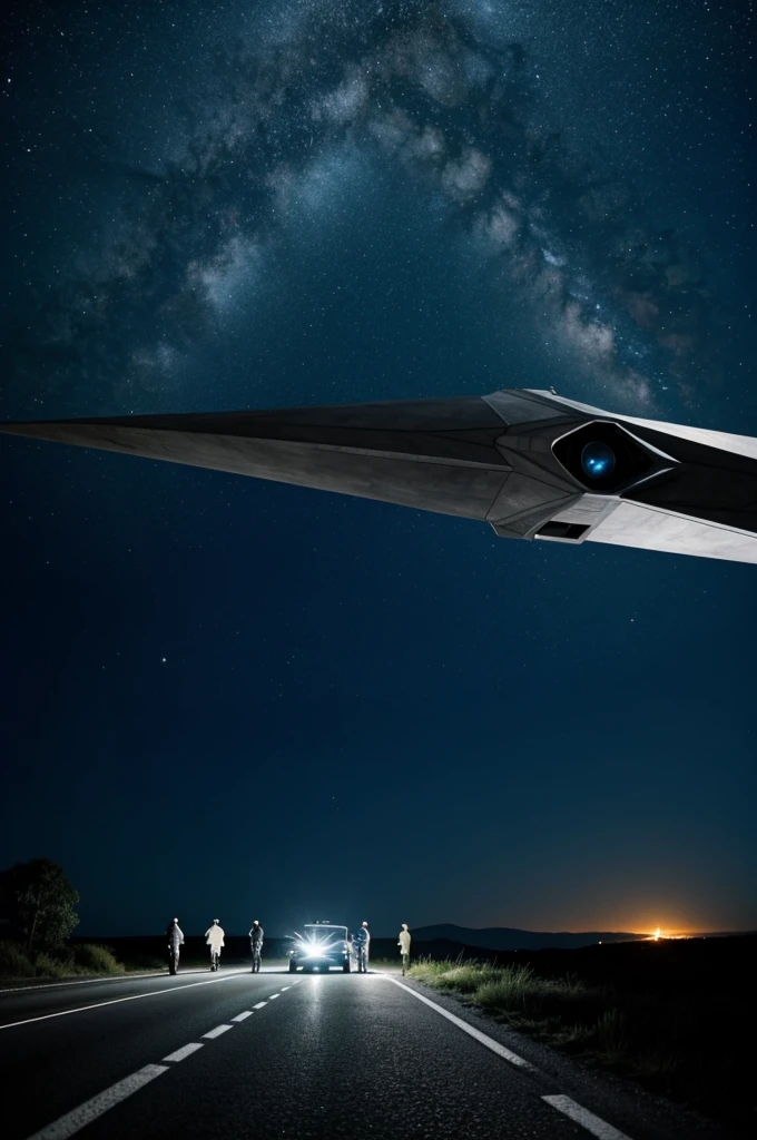 5 Young men look in amazement from a car on a lonely road at a triangular alien ship in the night sky