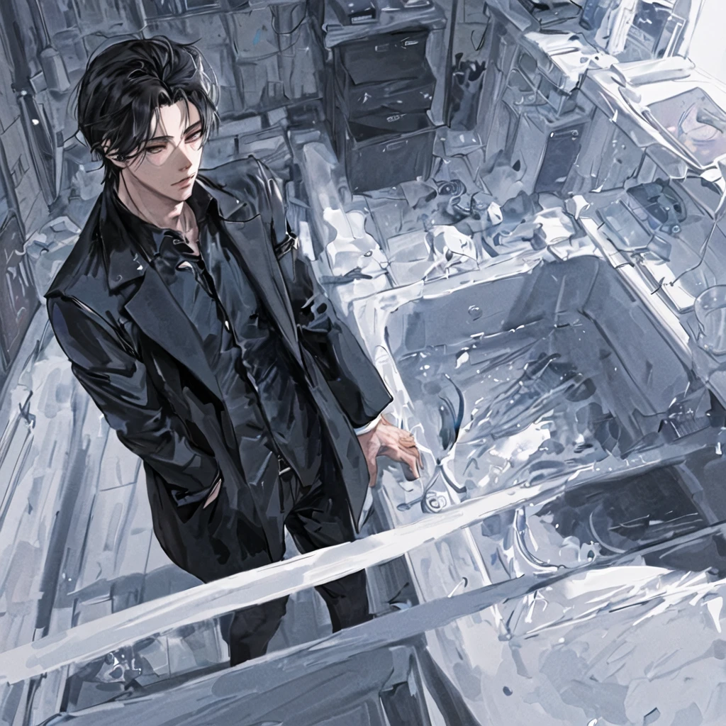 anime boy,realistic anime,black haired boy looking at camera,wearing a black jacket,perfect,handsome,คมชัด,เสมือน,ยืน,เห็นทั้งตัว