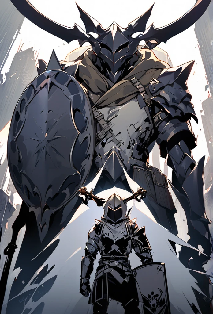 Cat knight standing alone sword facing diwn scythe on the back and shield on the left arm