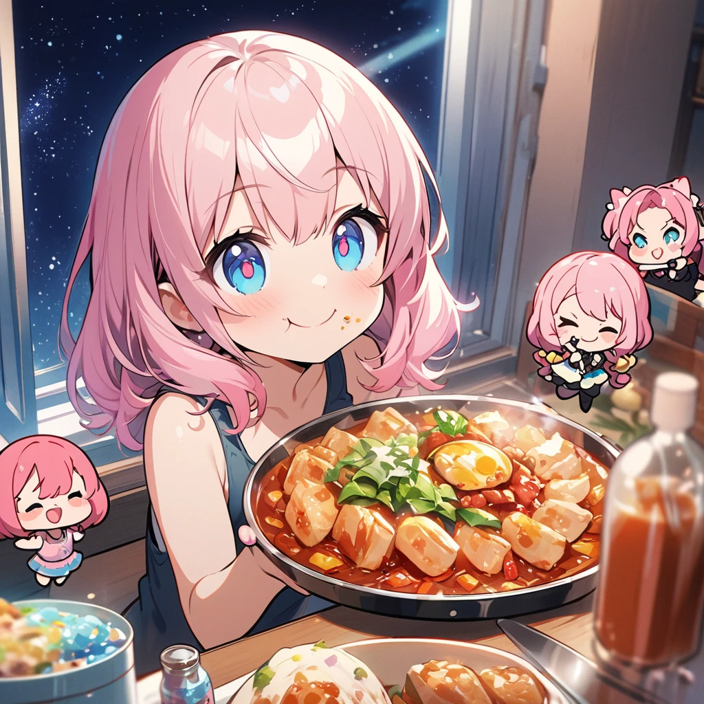 masterpiece、Highest quality、Depth of subject、2D illustration、1 beautiful girl、独奏, (((chibi style)))、((night)), ((window)), ((starry sky)), Long, beautiful hair、Shiny pink hair、cute、Beautifully detailed eyes、((Tank top))、a glass of blue soda, ((colorful))、mini skirt、((happy smile))、((Canned Chuhai)), ((close up shot))、((eating dinner)), ((in the room))、((There's a lot of pink around))、Thighs、((vivid color))、sparkle、((Lens flare))、