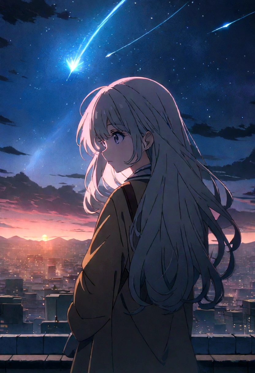 Anime girl standing on the rooftop gazing at the stars, Anime Wallpaper 4k, Anime Wallpaper 4 k, 4k Anime Wallpaper, Anime Art Wallpapers 8K, anime art wallpaper 4k, anime art wallpaper 4k, Anime Style 4k, Makoto Shinkai Cyril Rolland, 4K Manga Wallpapers, Anime Wallpaper, Awesome Wallpapers, shooting star