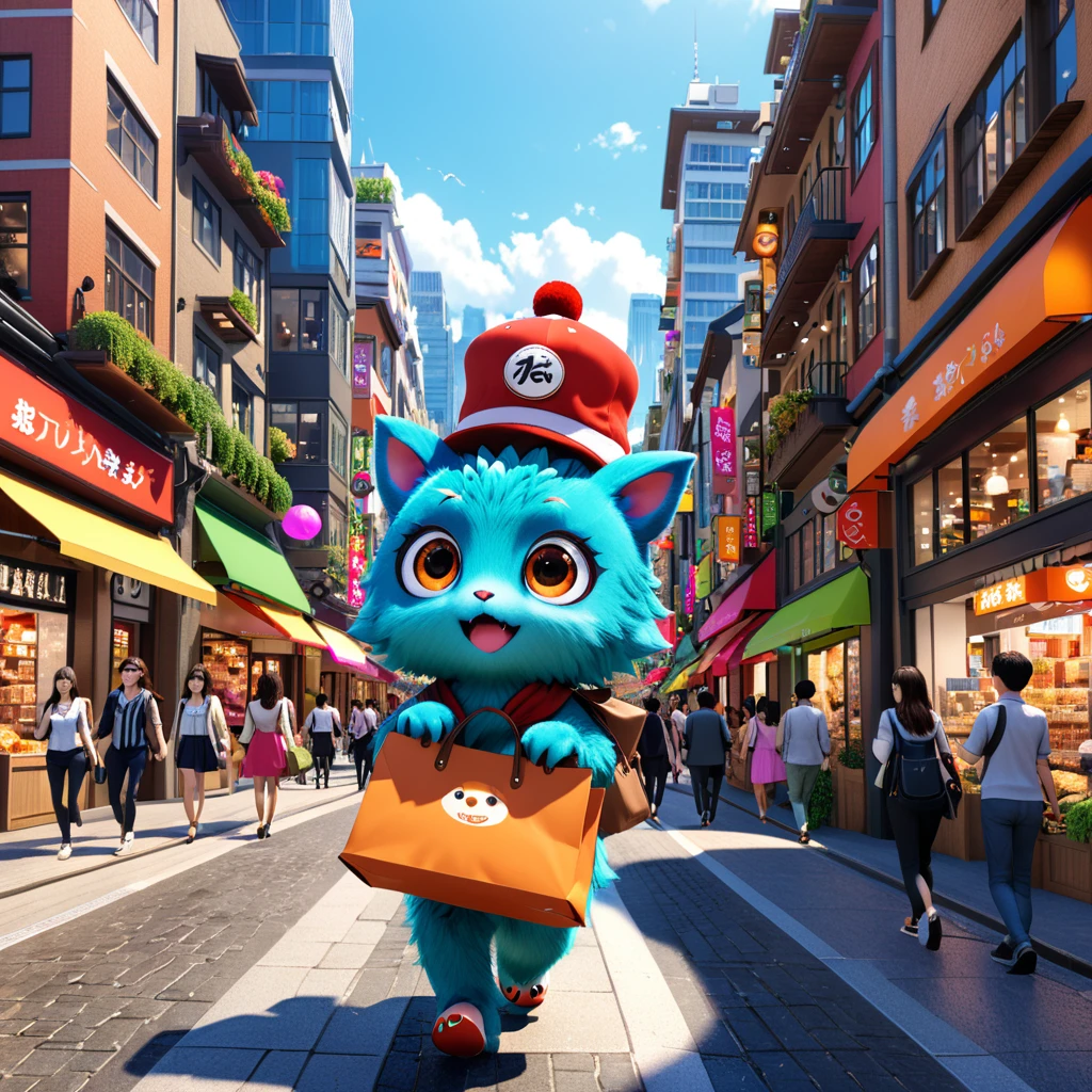 【まち】
A cute city monster with big eyes and an excited expression, exploring a bustling town. The charming creature is wearing a tiny hat and carrying a shopping bag, surrounded by various shops and lively streets. The background features a vibrant urban scene with tall buildings and people walking around. --ar 1:1 --v 6.0 3D render