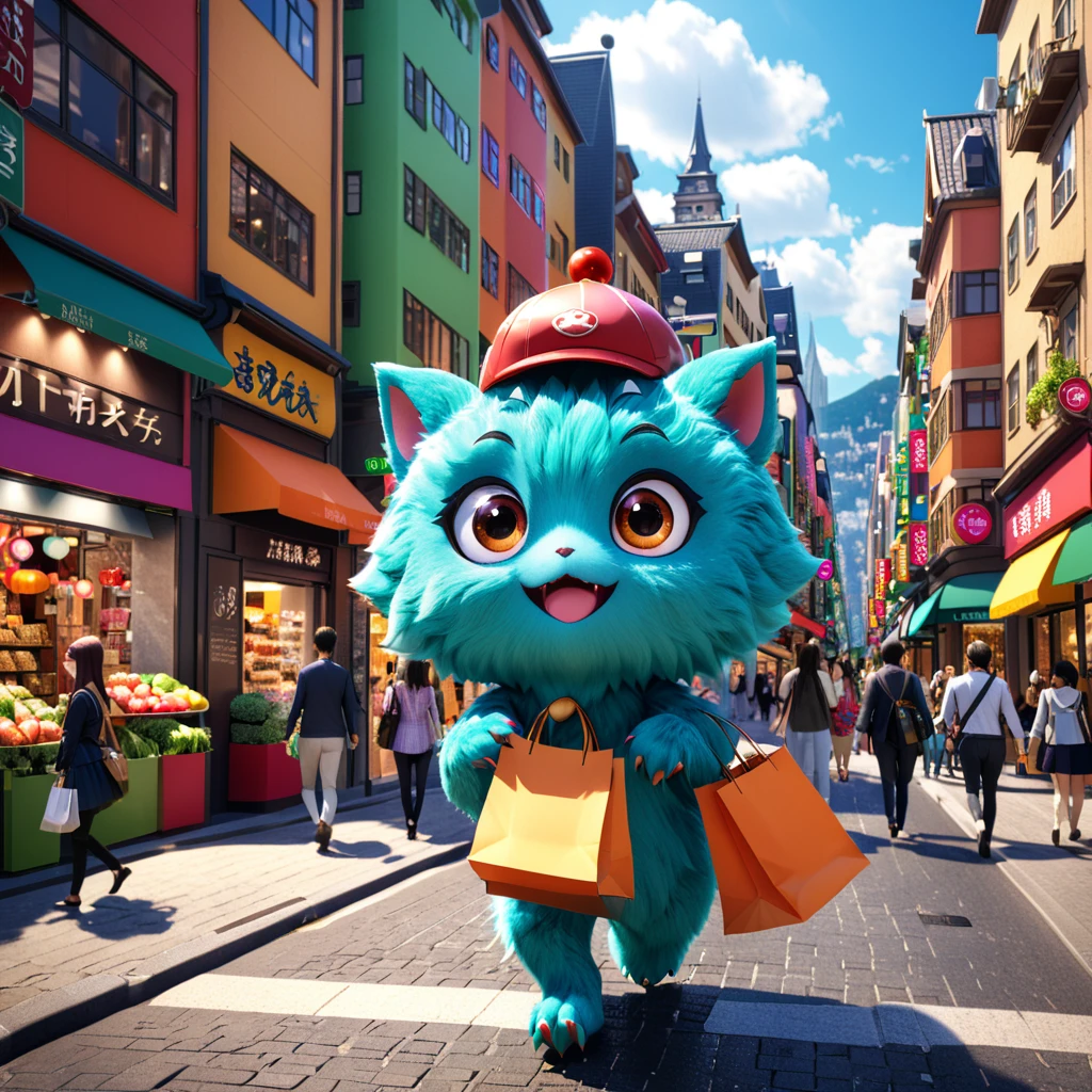 【まち】
A cute city monster with big eyes and an excited expression, exploring a bustling town. The charming creature is wearing a tiny hat and carrying a shopping bag, surrounded by various shops and lively streets. The background features a vibrant urban scene with tall buildings and people walking around. --ar 1:1 --v 6.0 3D render