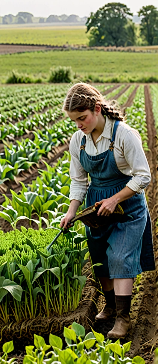 A wide shot of a field with a young Elizabeth Barton working in the field.