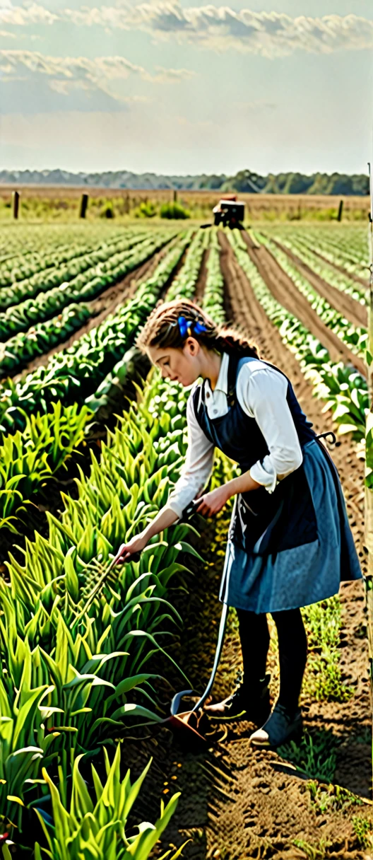A wide shot of a field with a young Elizabeth Barton working in the field.
