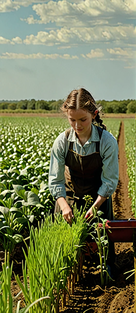 A wide shot of a field with a young Elizabeth Barton working in the field.