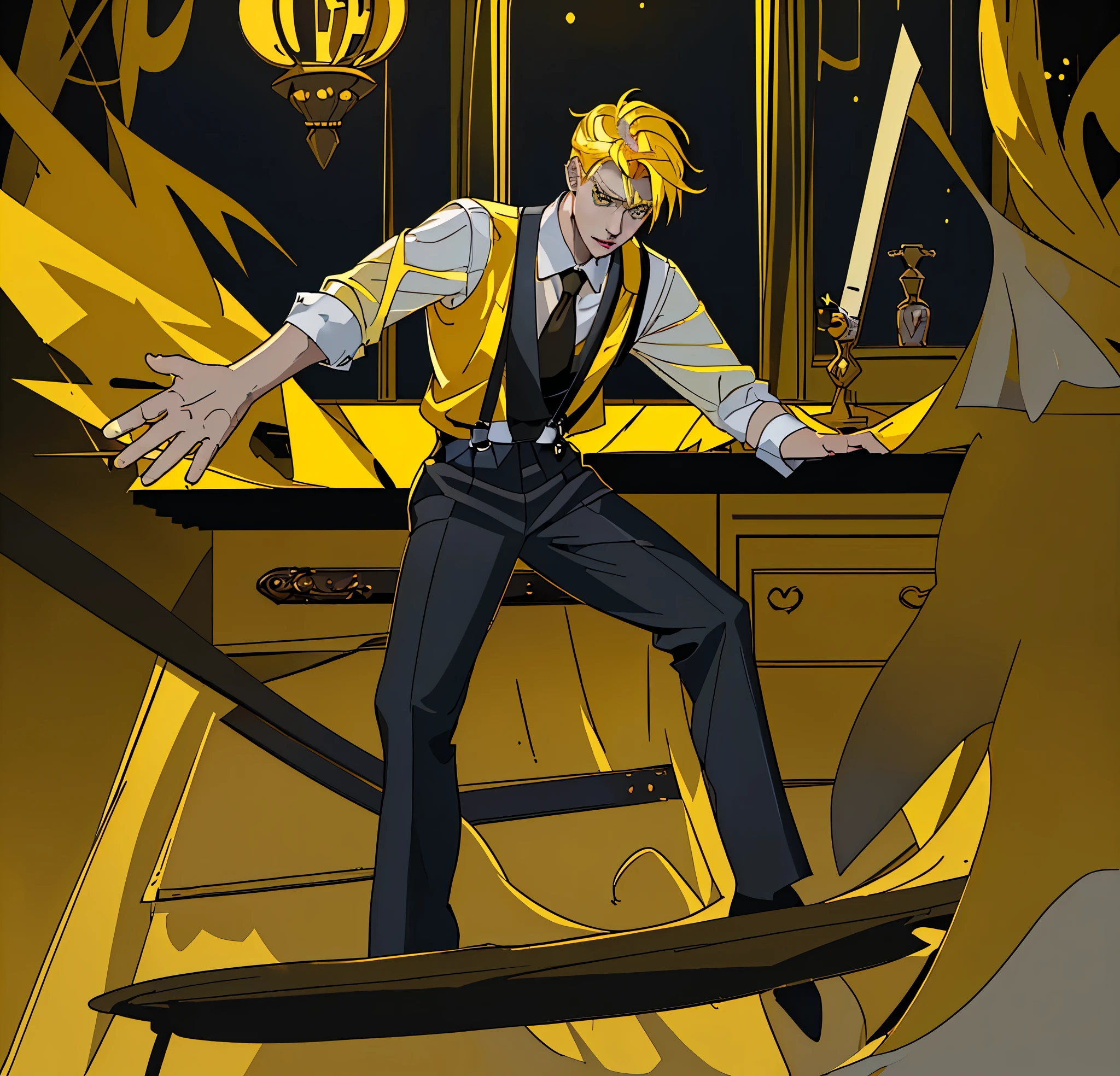 1boy, 1person, alone, 25 years old man, yellow hair, golden eyes, insister sur les reflets des yeux dorés, cheveux blonds, boss, formal business outfit, yellow outfit, yellow clothes, black suspenders, arrogant look, Jen Zee style, bureaucratic themed, modern look, work fashion, workaholic bureau clothes, classy yellow shirt, chemise jaune, bretelles noires, bureau, desk, work furniture, yellow themed image, yellow furniture, mustard touches of olor, mustard colored walls, kim goo character, kim goo inspiration, kim goo lookism, kim goo manager kim, looking at viewer, flower of the cult vagabondart1 style, vagabondart1 instagram, khoffi art style, khoffi style, khoffi instagram, ゆりぼう style, Imari Ozaki style, eve insomnia style, yasutatsu style, ewkkyorhrart, Dino (@Dino_illus) style, illustration