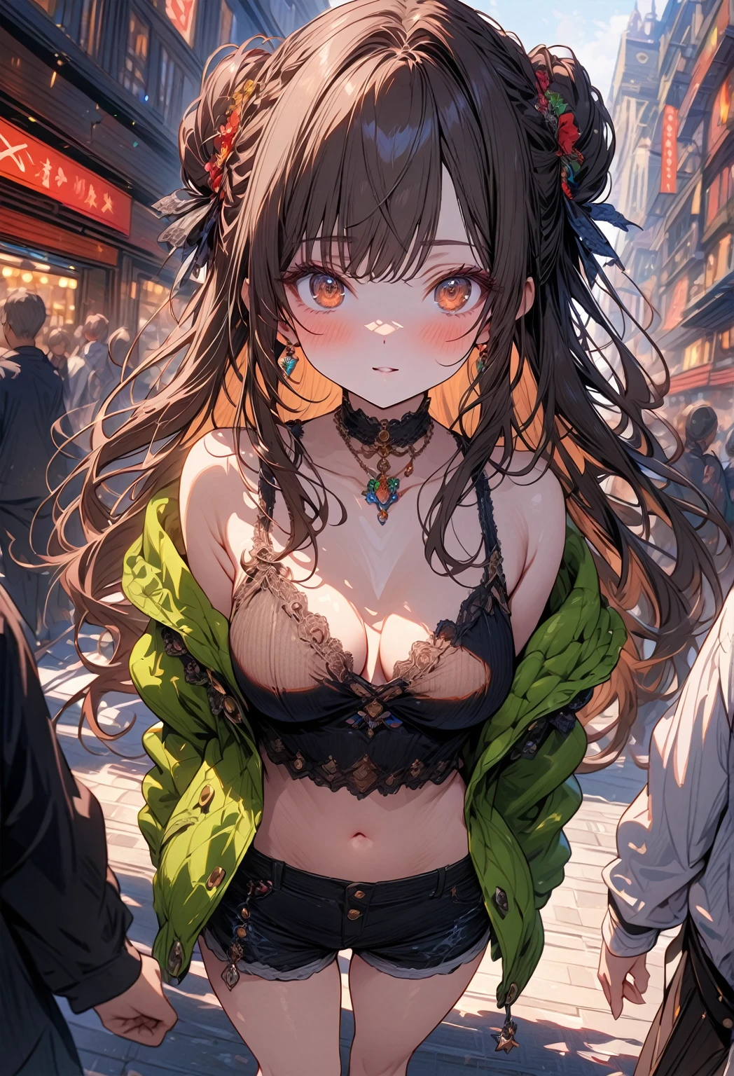 ((masterpiece:0), best quality, very aesthetic, newest, absurdres, detailed, high quality)
BREAK
highest quality, top quality, details, highres, ultra fine painting, digital art, official art, cinematic, 4k, 8k resolution, 8K CG wallpaper, CG, original artwork, detailed background, colorful background, blue atmosphere, High Dynamic Range, blurry background, blue hour, Starburst effects, crepuscular rays, good ISO, high resolution, wide shot, from far away, RAW photo, POV, sharp focus, light reflection, reflections, intricate details, soft light, particle noise, professional photography, bokeh, depth of field, natural lighting, vibrant colors, looking away, detailed lights and shadows, stylish, ultra-detailed, top rated on Pixiv, trending on Artstation, niji style, modern-days, master crafted, pose
BREAK
solo, close up shot, from above shot, 1girl, pale skin, correct fingers, detailed hand, (medium big breasts:1.2), big thighs, short torso, short body, flushtered, blush, anxious expression, casual, slim, ((cute, childlike face):1.3), nice hips, nice body, brown hair, (long flowing hair), big 2 buns hairstyle, long bangs, long hair, middle hair bangs, brown eyes
BREAK
(black string tank top, choker, off shoulder open green hoodie, (tummy skin), open unbuttoned shorts, many colors outfit ornaments)
BREAK
a person walking down a street with a crowd of people, crowded street, crowded streets, in front of a large crowd, giant crowd, girl walking through city, people walking down a street