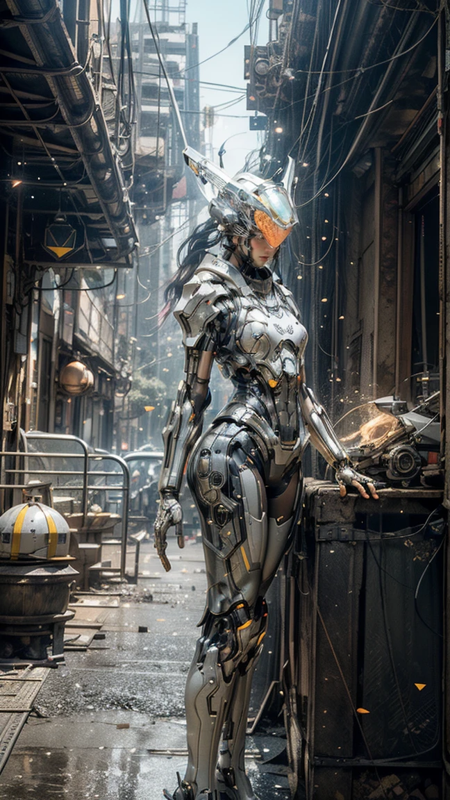 ((best quality)), ((masterpiece)), ((Practical)), (detailed), (photoPractical:1.5), 1 Girl, ((Pretty Face, Pointed face)), (thick body), (White tights), Light on armor, (((Transparent cybernetic helmet))), ((Looking at the audience)), Dynamic poses, Post-apocalyptic, Destroyed city background, Building Fire, Science fiction, Human Development Report, Ray Tracing, nvidia RTX, Super Resolution, Unreal 5, Subsurface scattering, PBR Textures, Post-Processing, Anisotropic filtering, Depth of Field, Maximum clarity and sharpness, Rule of Thirds, 8K Native, (Glowing particles:1.4), (extremely detailed cg, Unity 8K wallpaper, 3d, light, lens flare), Reflection, Clear focus, Cyberpunk Art, Cyberpunk Architecture,