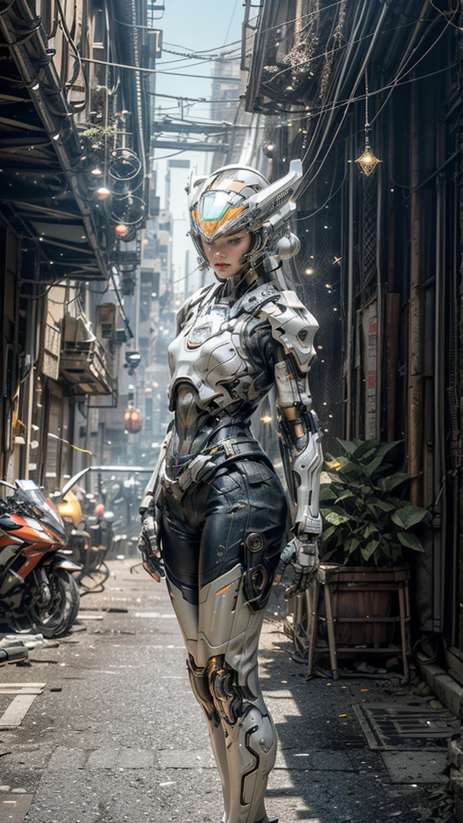 ((best quality)), ((masterpiece)), ((Practical)), (detailed), (photoPractical:1.5), 1 Girl, ((Pretty Face, Pointed face)), (thick body), (White tights), Light on armor, (((Transparent cybernetic helmet))), ((Looking at the audience)), Dynamic poses, Post-apocalyptic, Destroyed city background, Building Fire, Science fiction, Human Development Report, Ray Tracing, nvidia RTX, Super Resolution, Unreal 5, Subsurface scattering, PBR Textures, Post-Processing, Anisotropic filtering, Depth of Field, Maximum clarity and sharpness, Rule of Thirds, 8K Native, (Glowing particles:1.4), (extremely detailed cg, Unity 8K wallpaper, 3d, light, lens flare), Reflection, Clear focus, Cyberpunk Art, Cyberpunk Architecture,