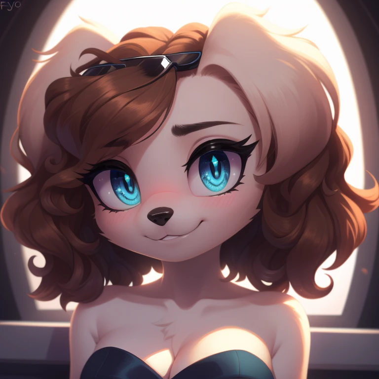 Fay Spaniel, strapless tight dress, cleavage, two-tone hair (brown hair, black tip)), curly hair, halo, sunglasses, jewelry, aqua eyes, longeyelashes, aqua eyes, smile, shy, blush, high detail, masterpiece, UHD, anatomically correct, super detail, highres, 4K