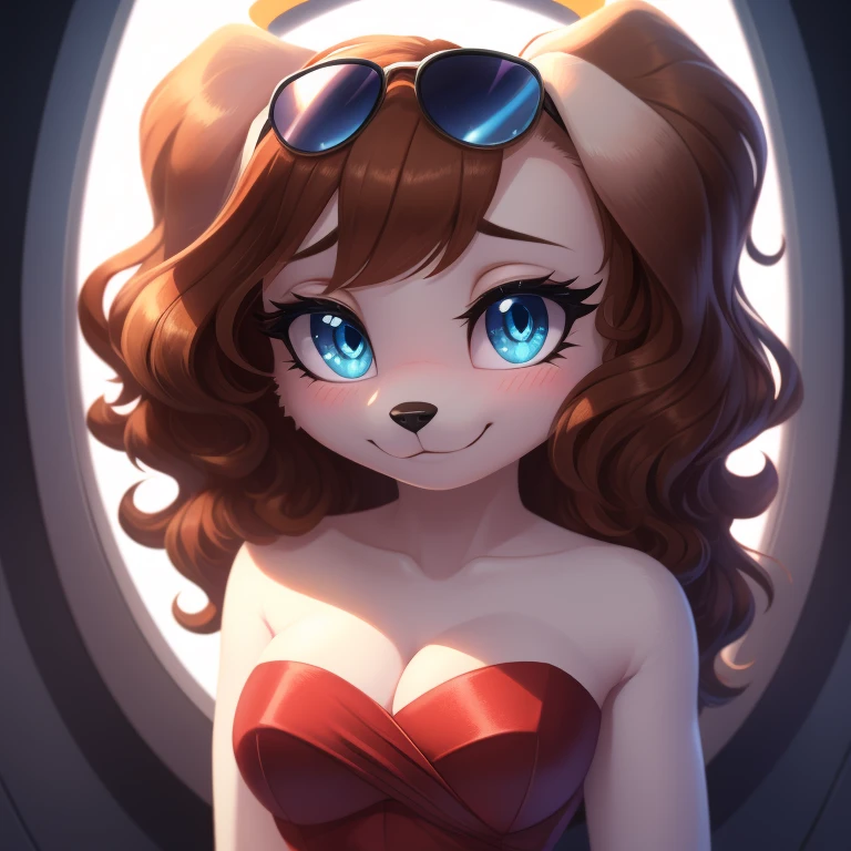 Fay Spaniel, strapless tight dress, cleavage, two-tone hair (brown hair, black tip)), curly hair, halo, sunglasses, jewelry, aqua eyes, longeyelashes, aqua eyes, smile, shy, blush, high detail, masterpiece, UHD, anatomically correct, super detail, highres, 4K