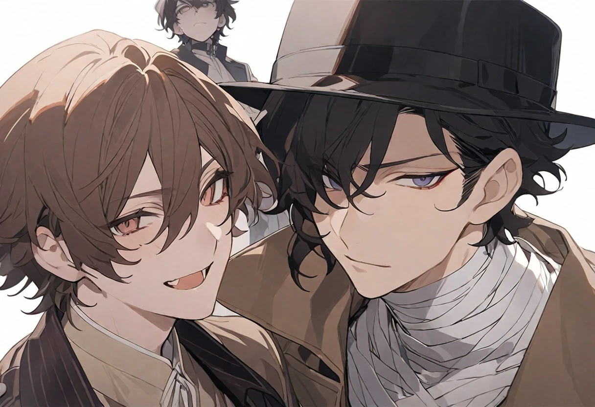 delicate、masterpiece、Highest quality、delicate、masterpiece、Highest quality、2 peopleの男性、2 people、Anime characters、Bungo Stray Dogs、Osamu Dazai、bandage、Black Hair、Short Hair、Brown long coat、Nakahara Chuuya、Brown Hair、Black Hat、cool、White background、