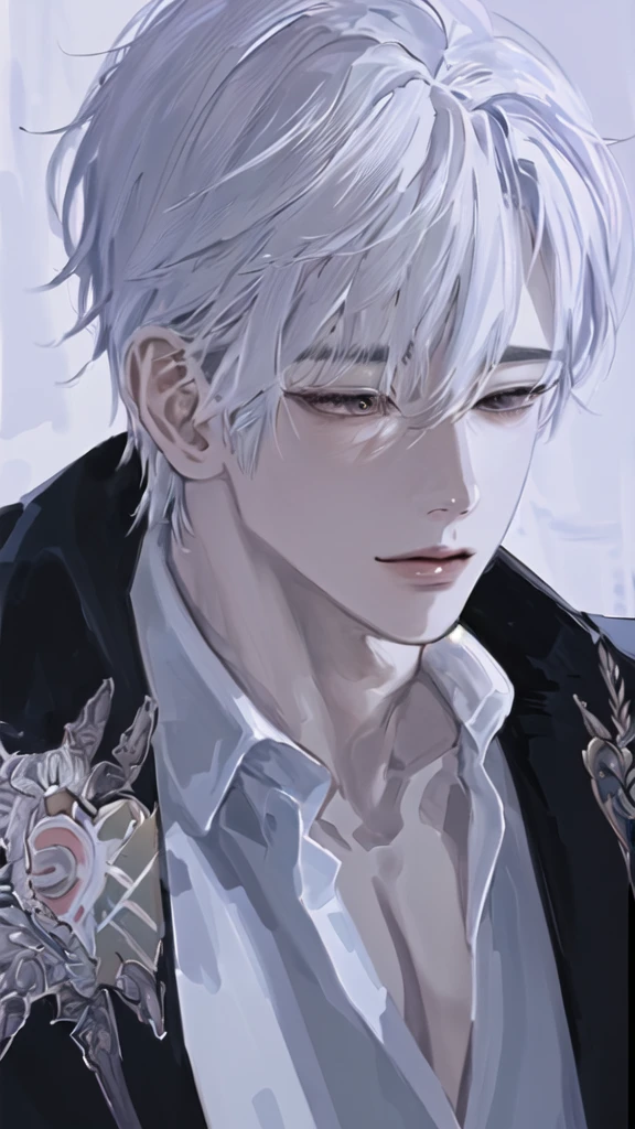 anime boy with white hair and black jacket , boy with white hair, detailed portrait of anime girl, from the front line of boy, semirealistic anime style, amazing anime face portrait, beautiful anime portrait, perfect white haired boy , fine details. girl front line, realistic anime art style, made with anime painter studio, portrait anime boy, anime realism style, white haired,ยิ้ม,ยืนเต็มตัว,เห็นทั้งตัว