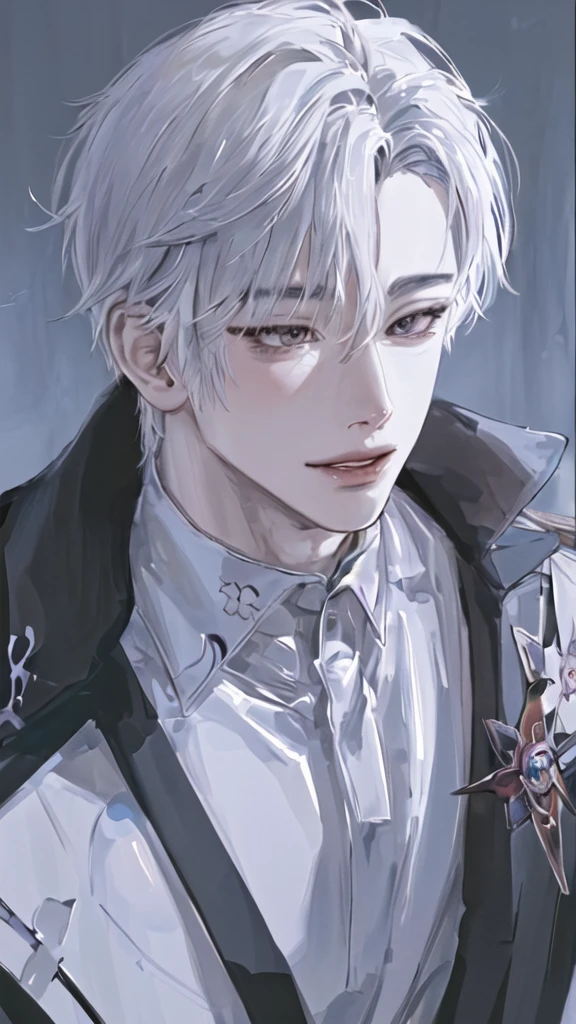 anime boy with white hair and black jacket , boy with white hair, detailed portrait of anime girl, from the front line of boy, semirealistic anime style, amazing anime face portrait, beautiful anime portrait, perfect white haired boy , fine details. girl front line, realistic anime art style, made with anime painter studio, portrait anime boy, anime realism style, white haired,ยิ้ม,ยืนเต็มตัว,เห็นทั้งตัว