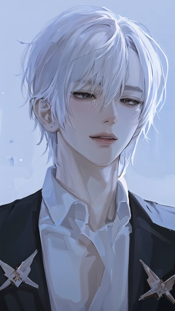 anime boy with white hair and black jacket , boy with white hair, detailed portrait of anime girl, from the front line of boy, semirealistic anime style, amazing anime face portrait, beautiful anime portrait, perfect white haired boy , fine details. girl front line, realistic anime art style, made with anime painter studio, portrait anime boy, anime realism style, white haired,ยิ้ม,ยืนเต็มตัว,เห็นทั้งตัว