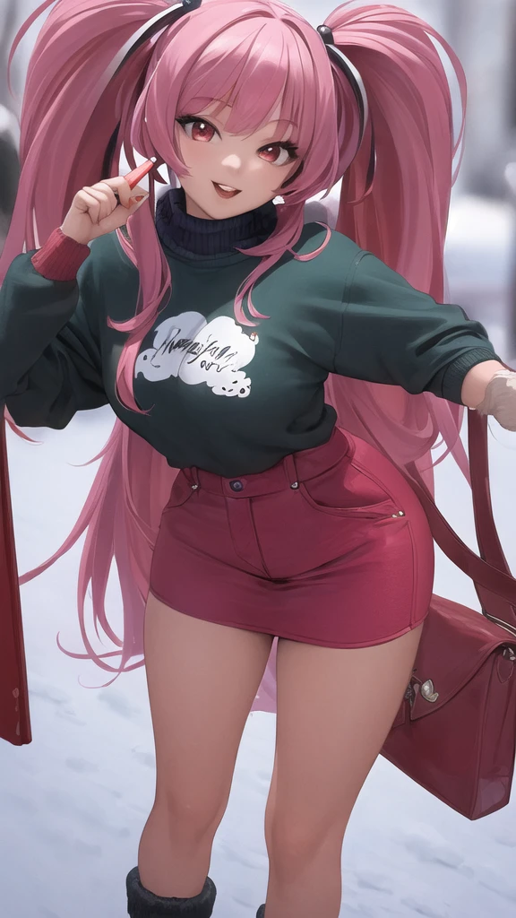 ((masterpiece)), (Highest quality), (detailed), One girl,
View your viewers, (lipstick:0.75), Leaning forward,
Long pink hair, Twin tails,
Colorful thighs,
winter, Vibrant colors,