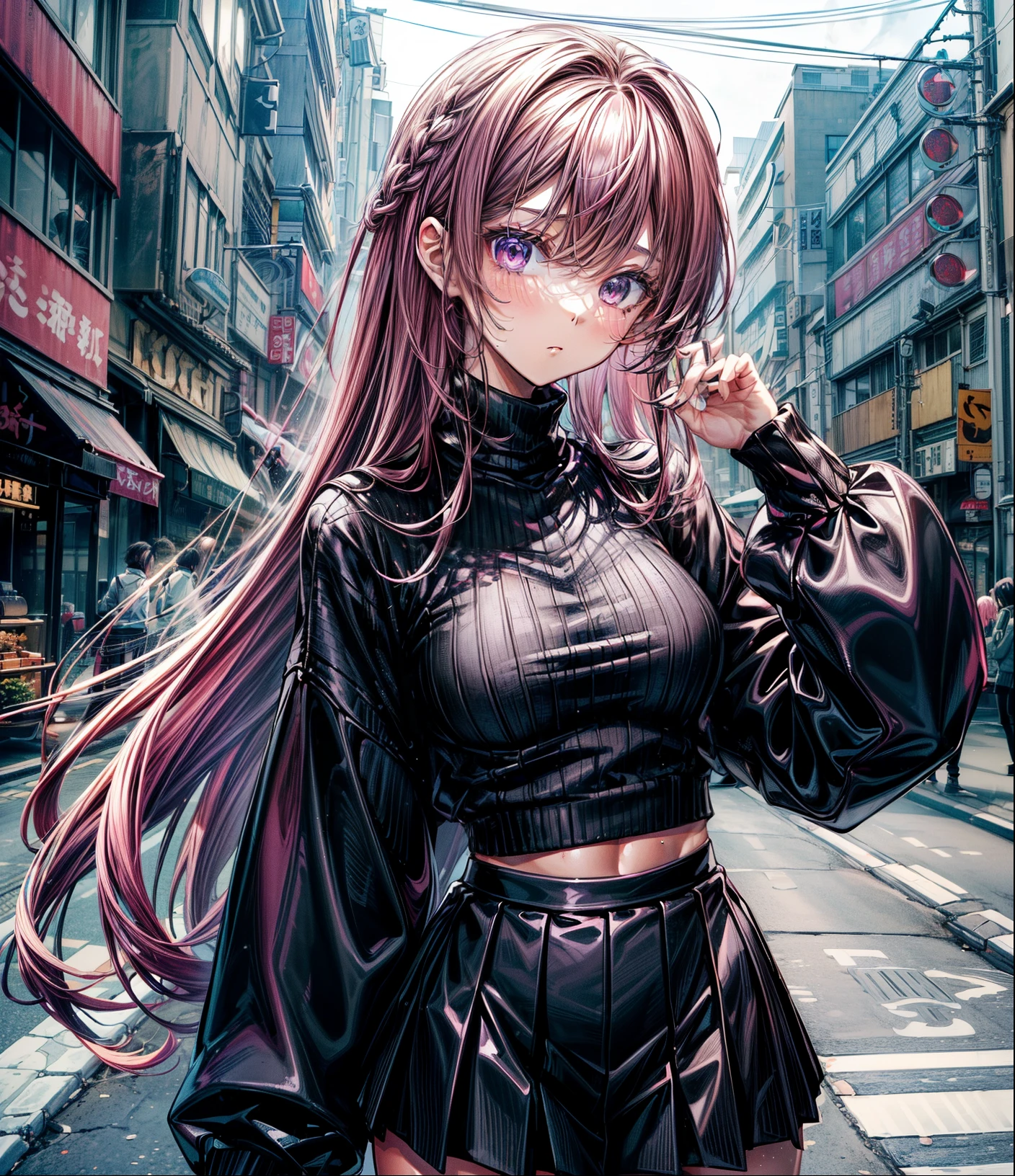 (((masterpiece, Highest quality:1.5,absurdres))),25 year old beauty,(dark pink hair),pink hair,((very small head:1.2)),sexy,hot, random pose,long hair,bangs,dark pink eyes,gorgeous eyes,blush、big breasts,((very long body:1.2)),((toned body,slender body)),skinny,(tan skin),gleaming skin,shiny skin,sweat,((Black turtleneck knitwear、Long sleeve、Blue pleated mini skirt),on street,Tokyo、