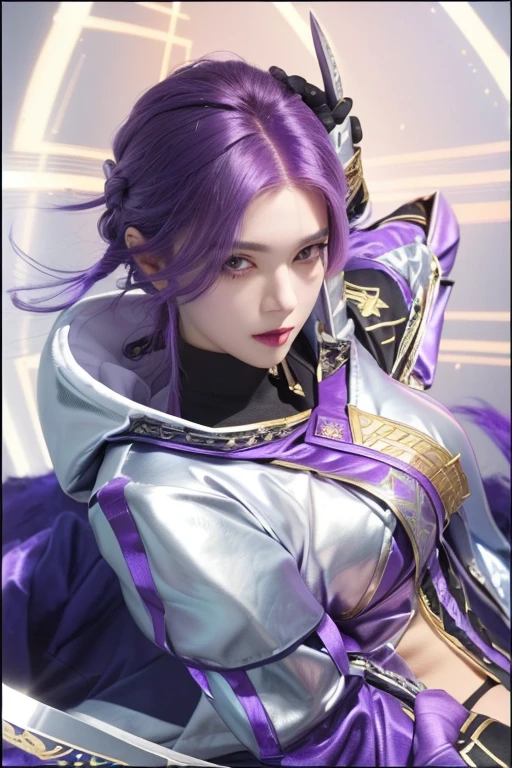 a close up of a woman with purple hair and a sword, kda, portrait knights of zodiac girl