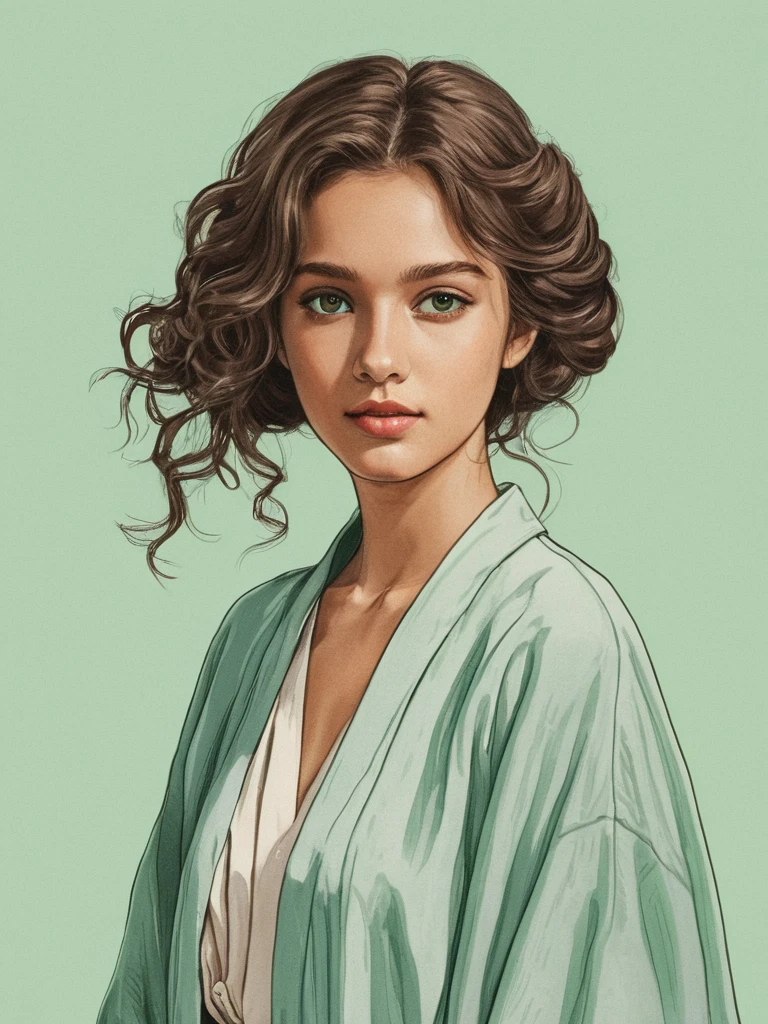 Une affiche de film illustrée, hand drawn, in colour, Une jeune fille, wear a chiton, Warm brown complexion, jade green eyes, ashen hair, long loose curls, hair up'to the size, posing on a pedestal, harsh shadows, graphite shading, stencil marks, airbrush acrylic paint, head of'artwork, dans le style de Game of Thrones
