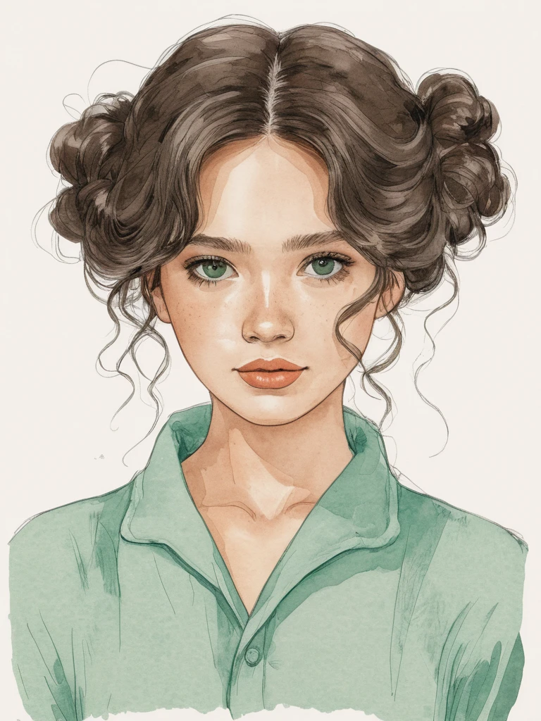Une affiche de film illustrée, hand drawn, in colour, Une jeune fille, wear a chiton, Warm brown complexion, jade green eyes, ashen hair, long loose curls, hair up&#39;to the size, posing on a pedestal, harsh shadows, graphite shading, stencil marks, airbrush acrylic paint, head of&#39;artwork, dans le style de Game of Thrones