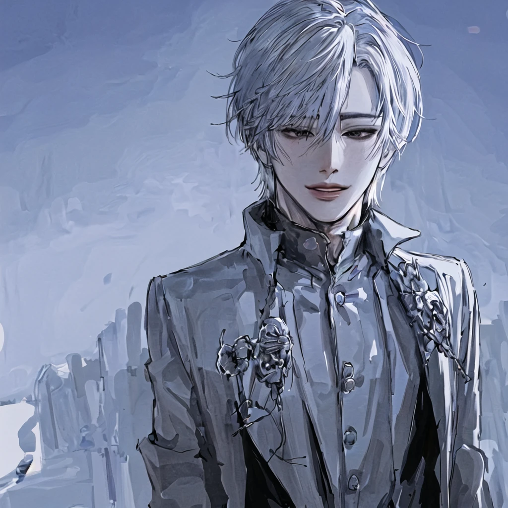 anime boy with white hair and black jacket , boy with white hair, detailed portrait of anime girl, from the front line of boy, semirealistic anime style, amazing anime face portrait, beautiful anime portrait, perfect white haired boy , fine details. girl front line, realistic anime art style, made with anime painter studio, portrait anime boy, anime realism style, white haired,ยิ้ม,ยืนเต็มตัว,เห็นทั้งตัว